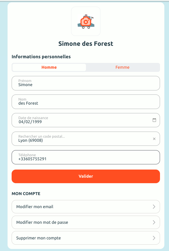 Interface de modification du profil En Voiture Simone