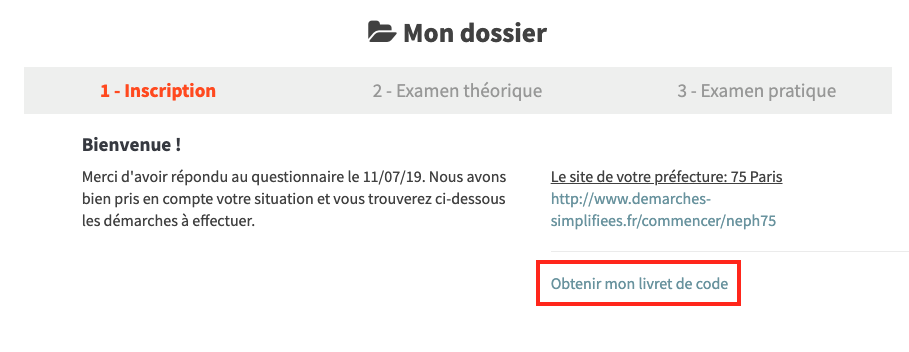 Bouton obtenir mon livret de code dans l'espace personnel