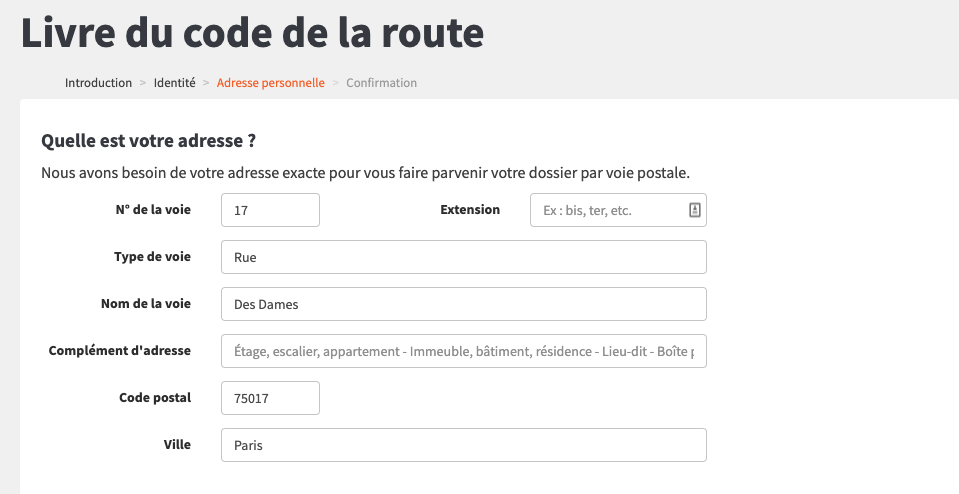 Formulaire de saisie de l'adresse postale